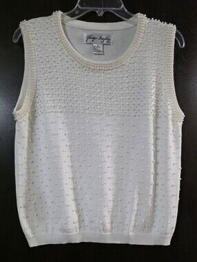 Vintage Ivory Pearl White Beaded Front Sleeveless Knit Tank Vest Size M